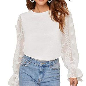 Casual Mesh Long Sleeve Round Neck Solid Blouse